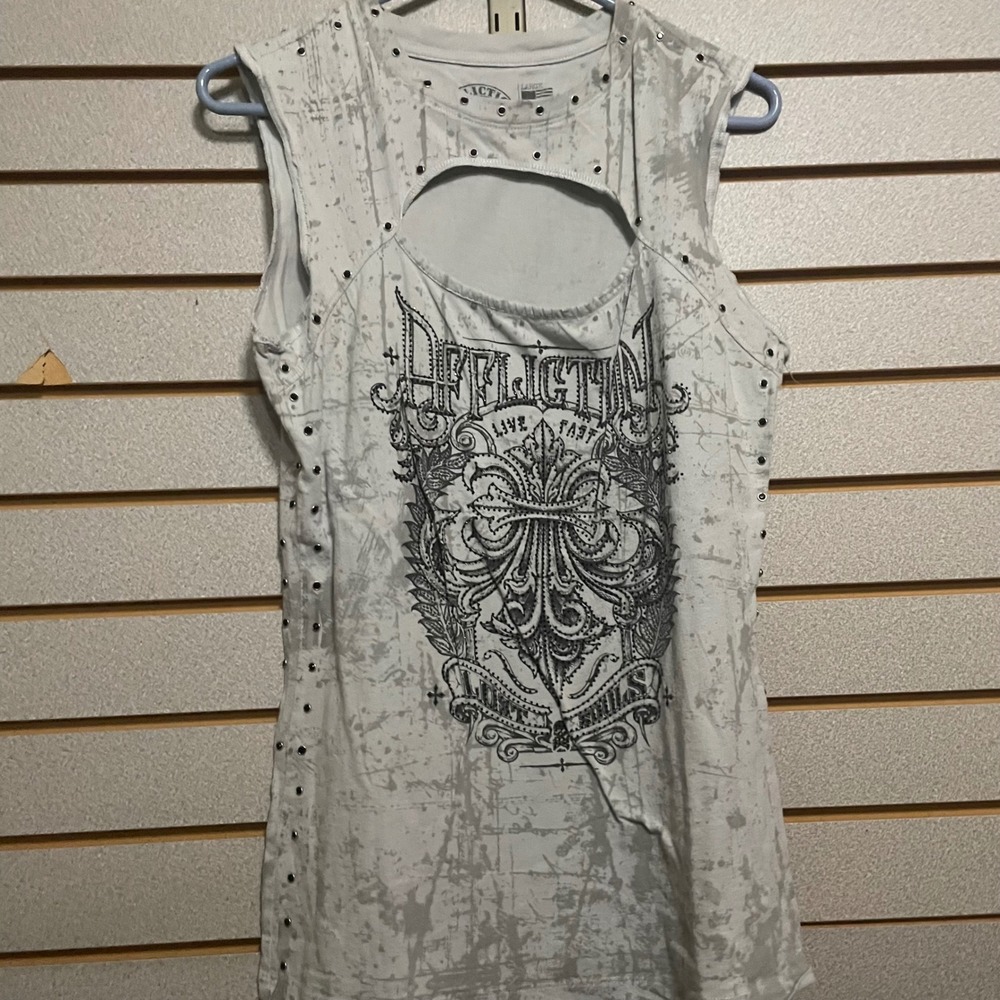 Affliction Women Large Cutout Distressed Rhinestones Tank Top Live Fast Studded
